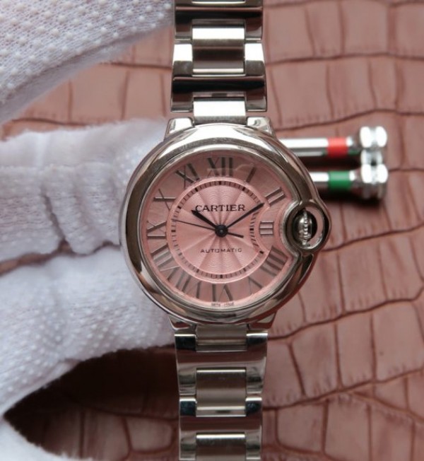 Replica Cartier Ballon Bleu 33mm SS Pink Textured Dial SS Bracelet SEIKO NH05A - Top club