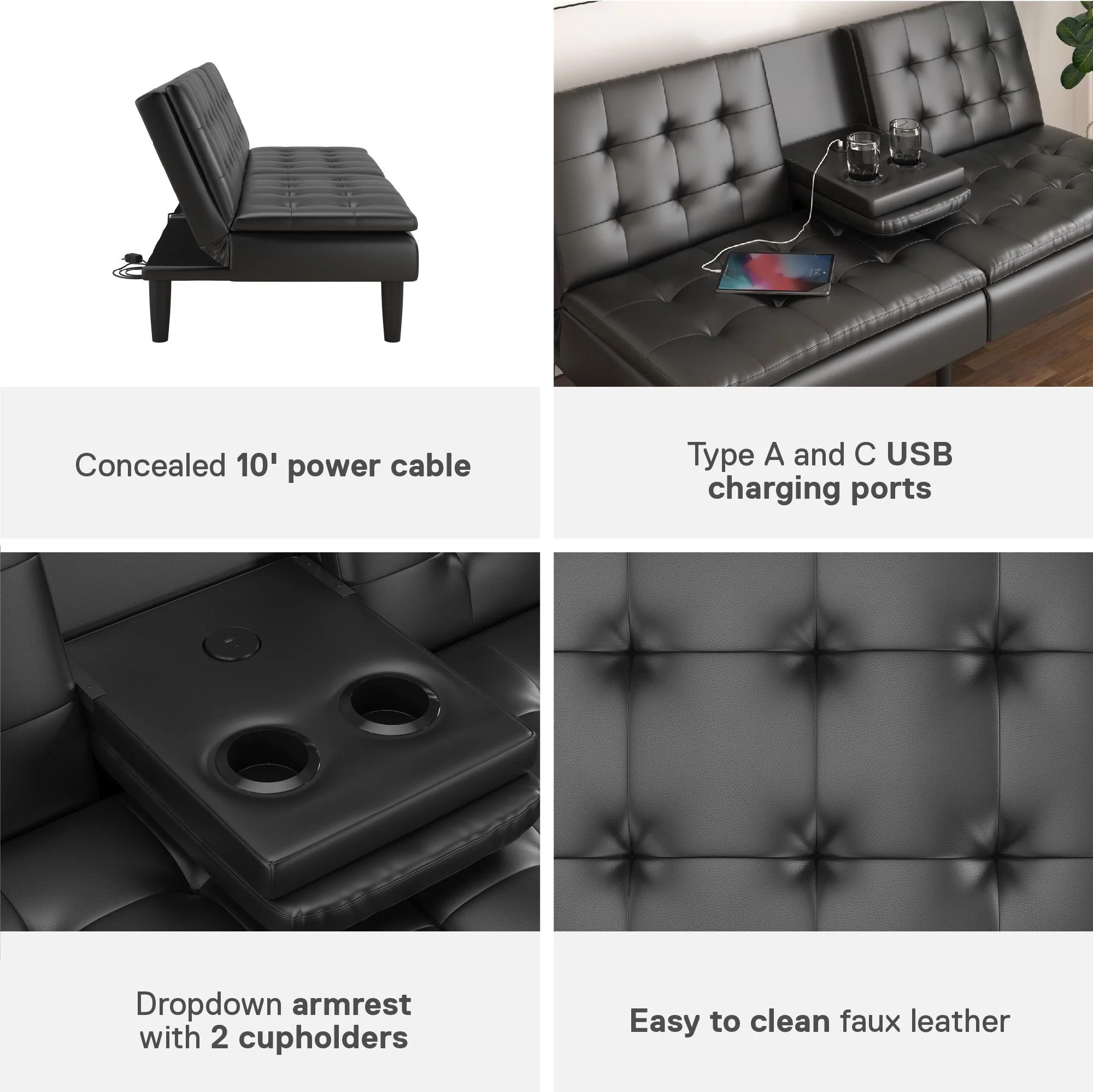 Mainstays Memory Foam 71.5" Futon with Cupholder and USB, Black Faux Leather - Image 10