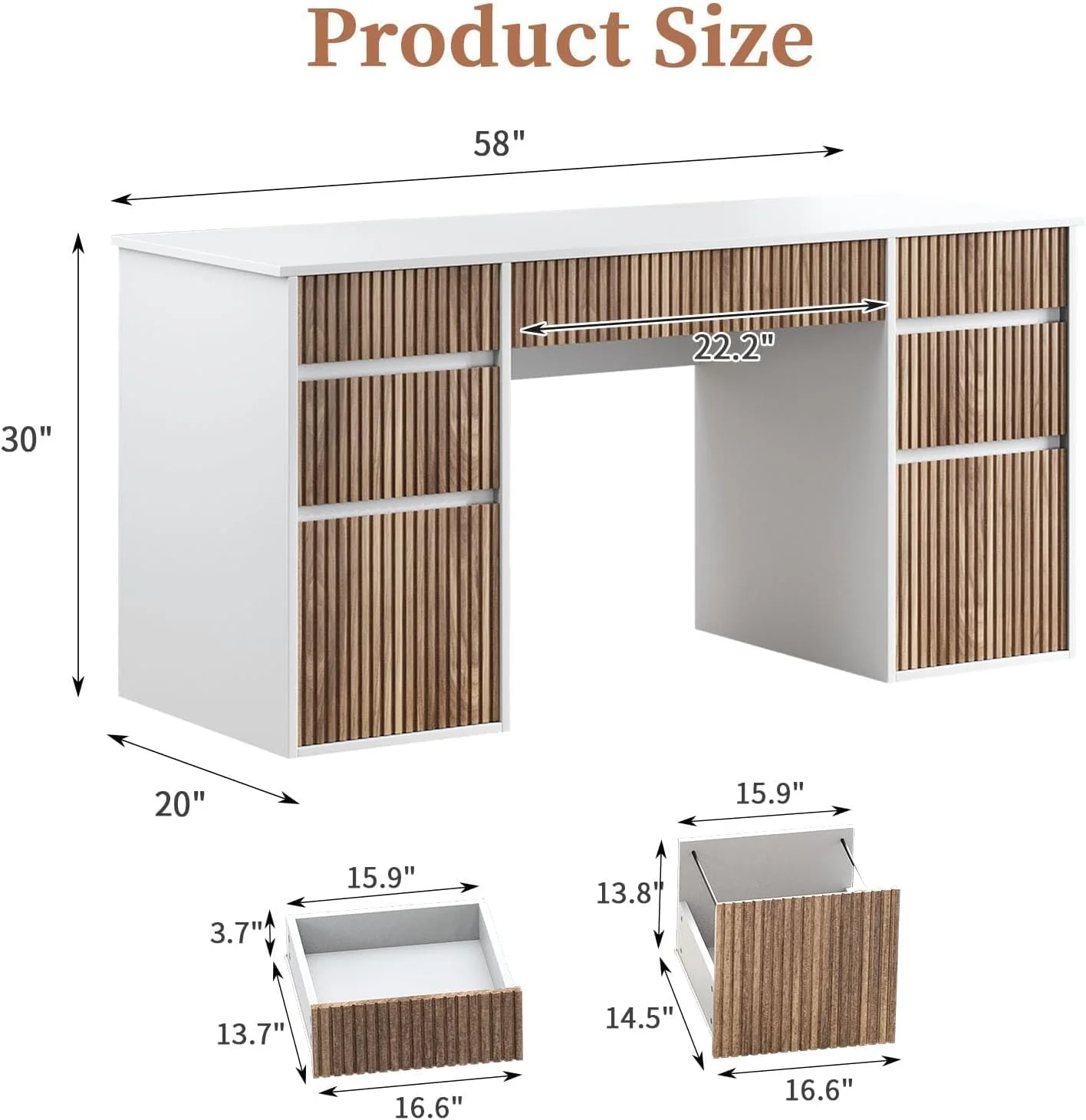 DreamCurship 58 Inch White Executive Desk, White Computer Desk with 7 Drawers, Home Office Desk for Work and Study, White and Walnut