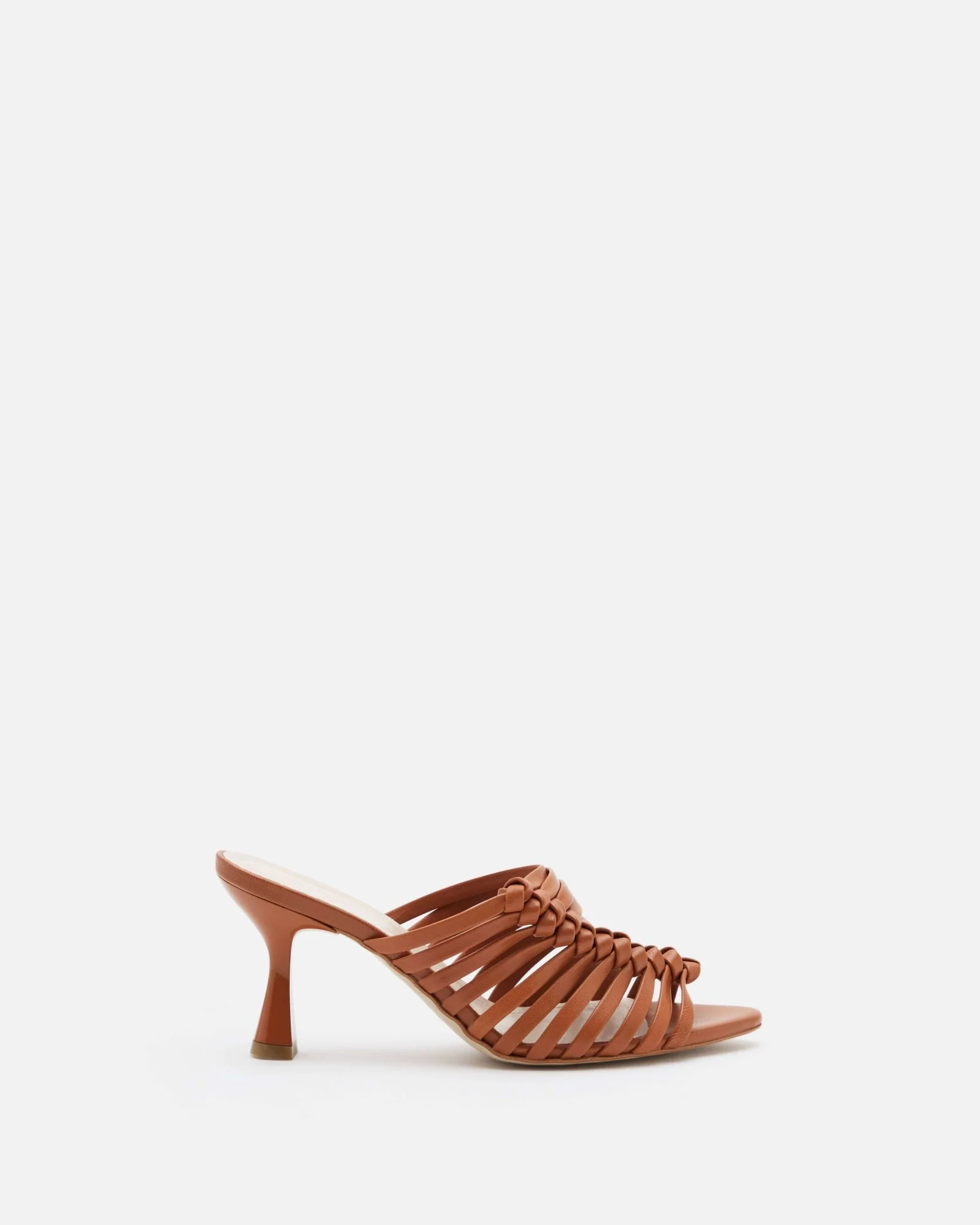 MULES NAELI - En cuir à talons platine et brides entrelacées cognac