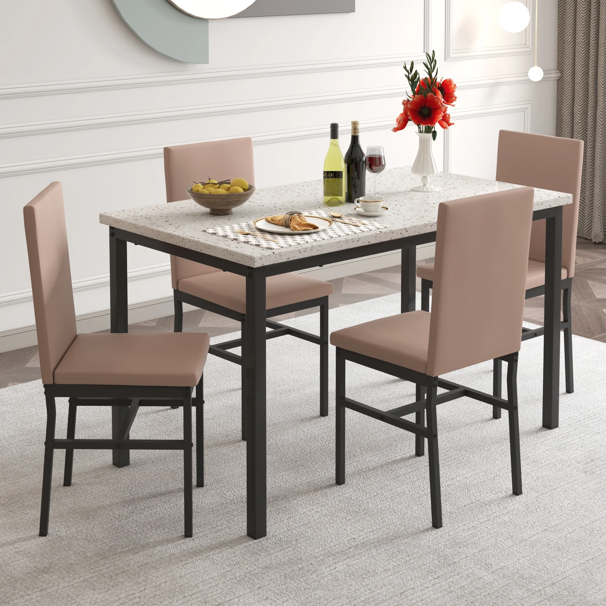 5 Piece Dining Set, Modern Dining Table and Chairs Set for 4, Counter Height Bar Table Set, Modern Pub Table with 4 Velvet Fabric Cushioned Stools, Faux Marble Dining Table & Stools Set, D9297 - Image 36