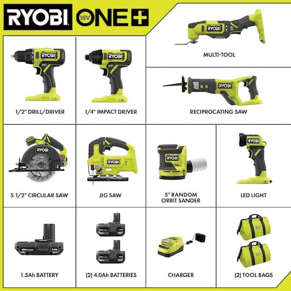 ONE+ 18V 8-Tool Combo Kit with (1) 1.5 Ah Battery and (2) 4.0 Ah Batteries and Charger - Image 2
