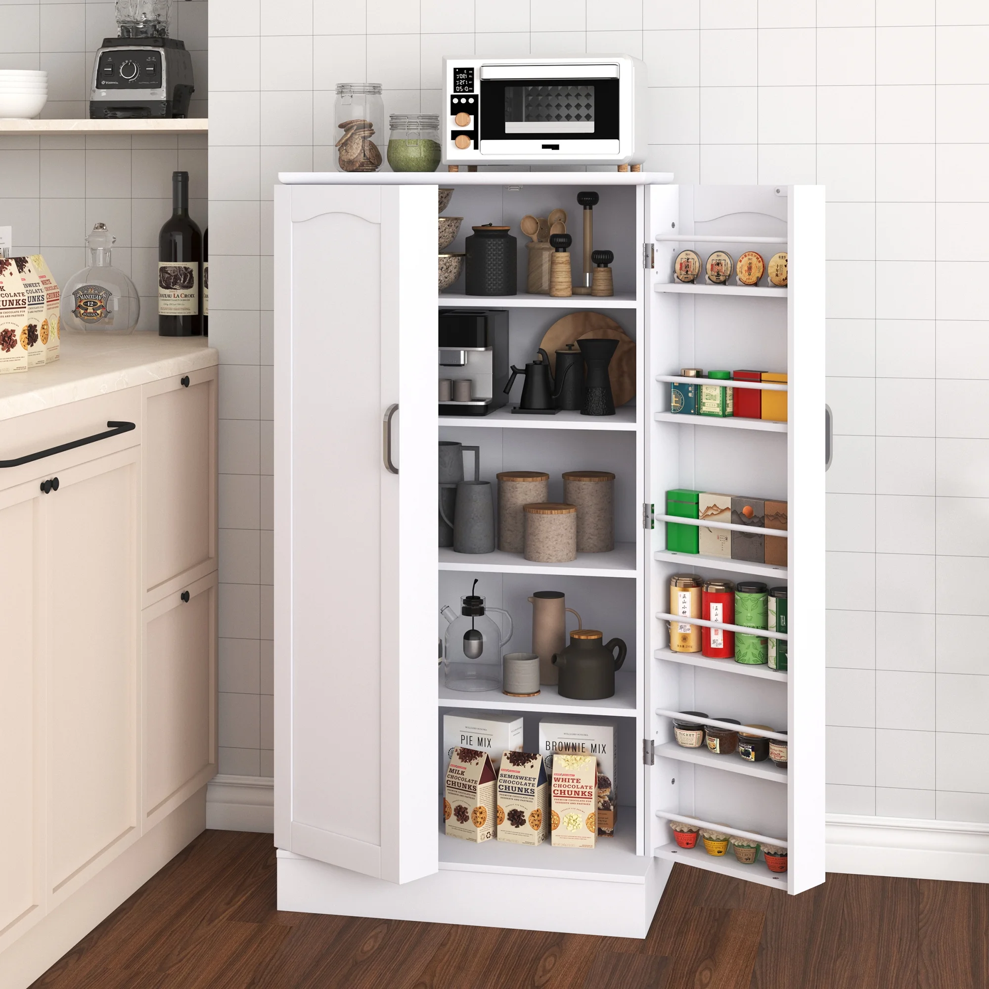 47 Kitchen Pantry Cabinet, White Buffet Cupboards Sideboard with Doors & Adjustable Shelves, Kitchen - Image 3