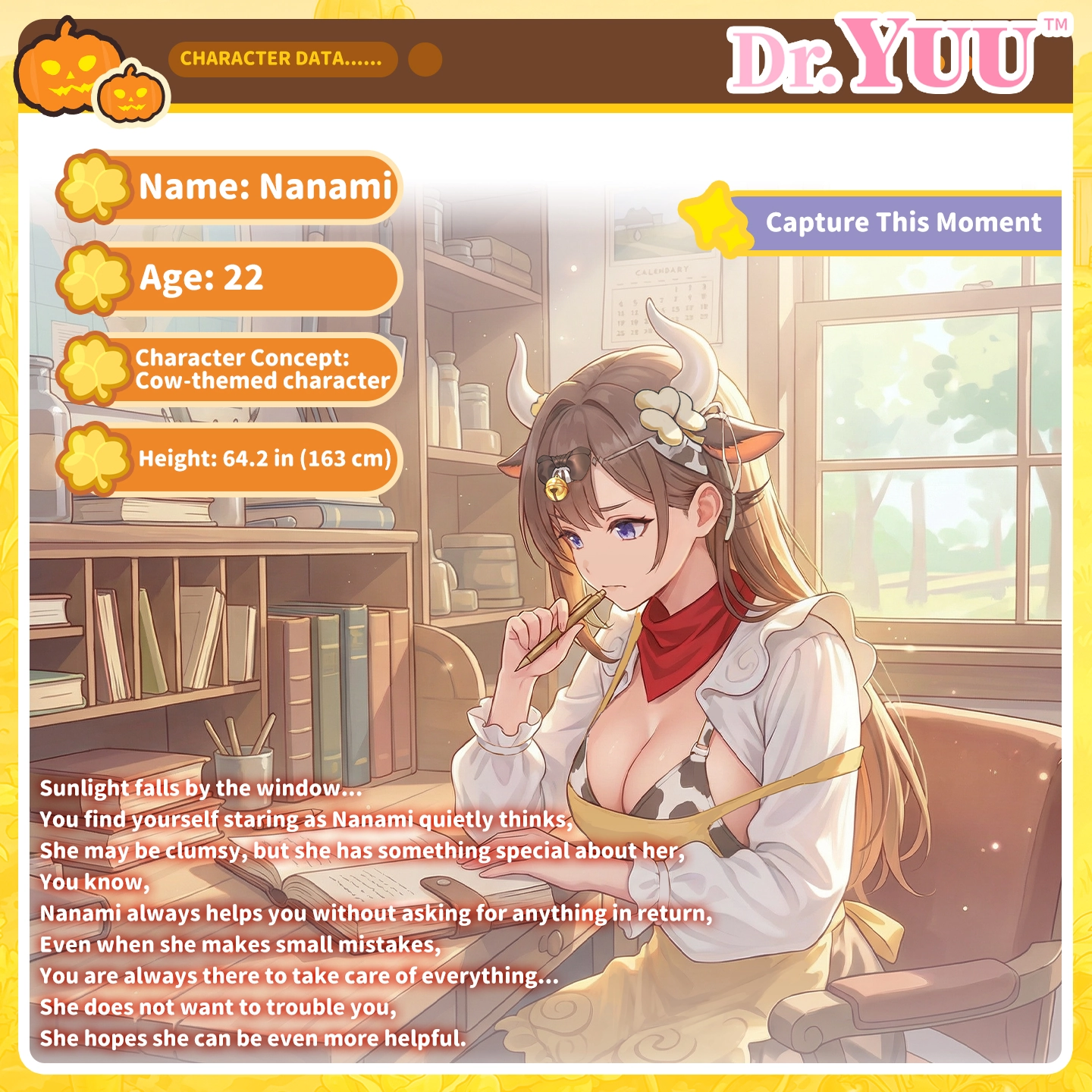 Dr.YUU character introduction for a pumpkin milk bottle style manual male masturbator with a playful anime-inspired design