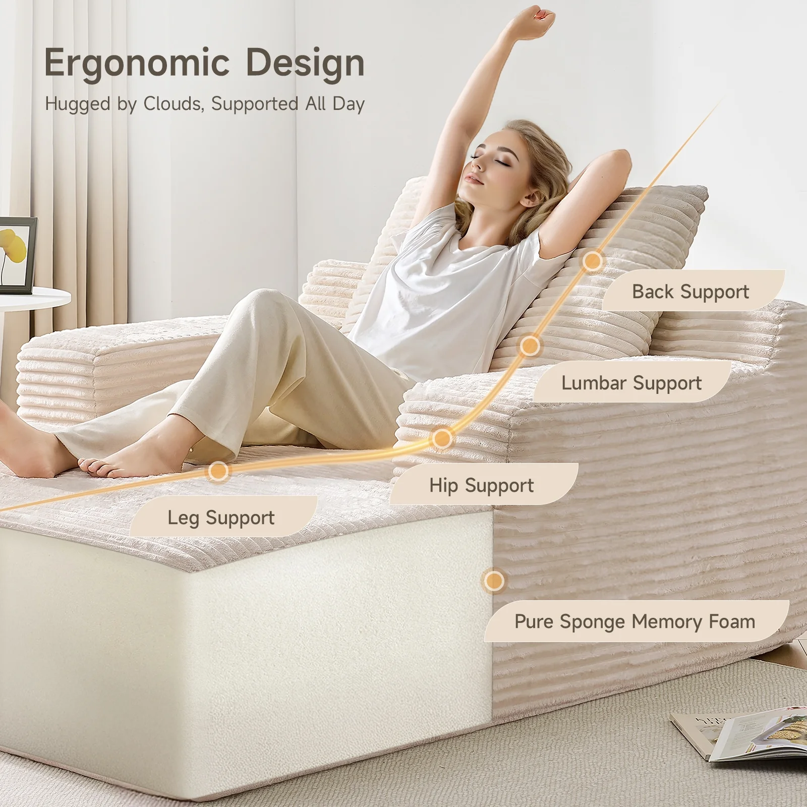 65" Corduroy Cloud Sleeper Chaise Lounge Chair, No Assembly Sofa Bed with Pillows, Beige - Image 4
