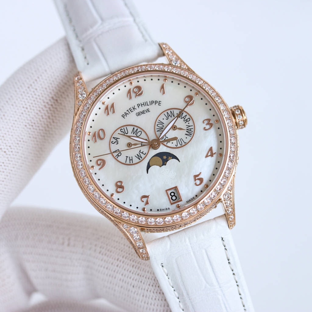 Fake Diamond Watch Patek Philippe Replica 4937R-001 Complications Ladies Annual Calendar Moon Phase 37mm White Mother of Pearl Arabic Rose Gold Diamond Set Leather Date(1:1 replica) - Top club
