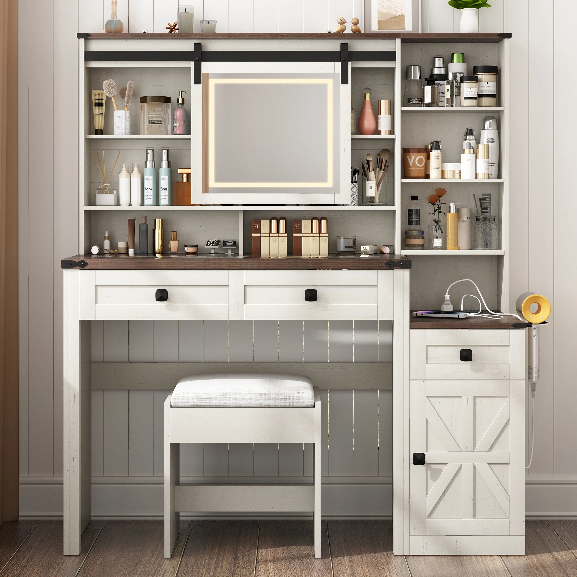 Blotout 47.2" Farmhouse Rustic Makeup Vanity Desk with Sliding Mirror and Lights, Glass Top Vanity Set with Charging Station & 3 Drawers & 1 Cabinet & Stool, Big Vanity (White) - Image 10