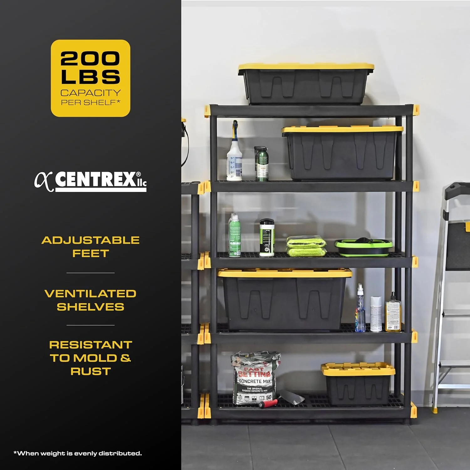 Black & Yellow, 5-Tier Heavy Duty Plastic Storage Shelving Unit, 200lbs/shelf (72��H x 48��W x 20��D), for Indoor/Outdoor Organization, Modular Rack - Image 5
