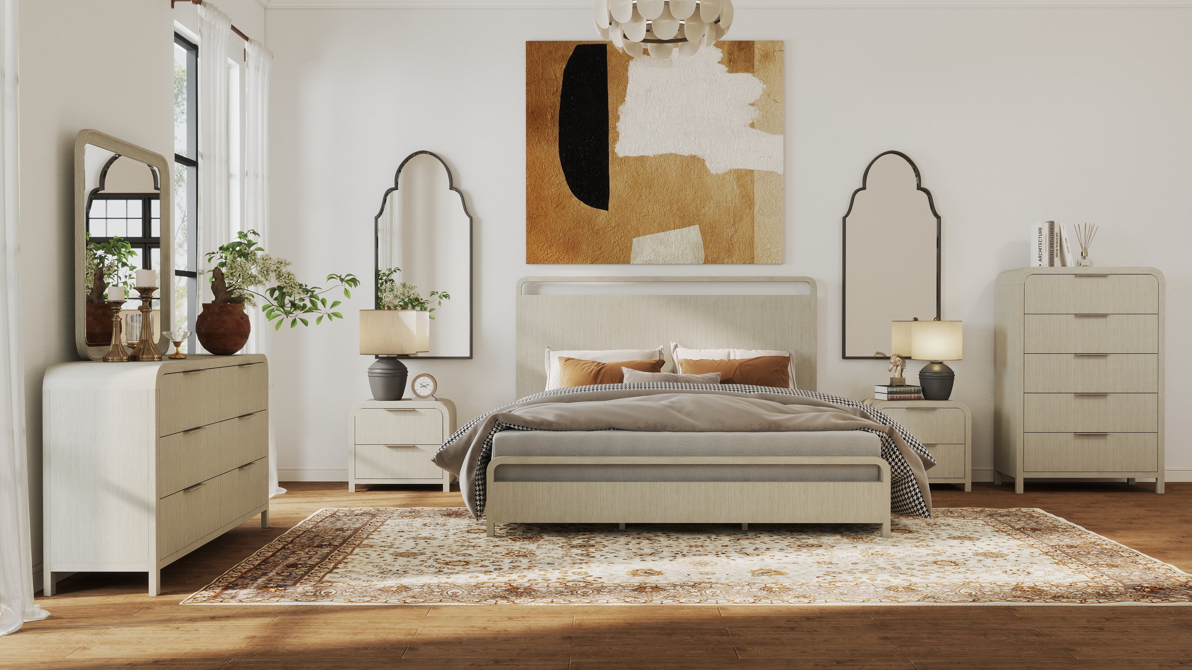 Roundhill Furniture Tavari 6-Piece Bedroom Set with Panel Bed, Dresser, Mirror, Two Nightstands, and Chest in Light Gray, King Size