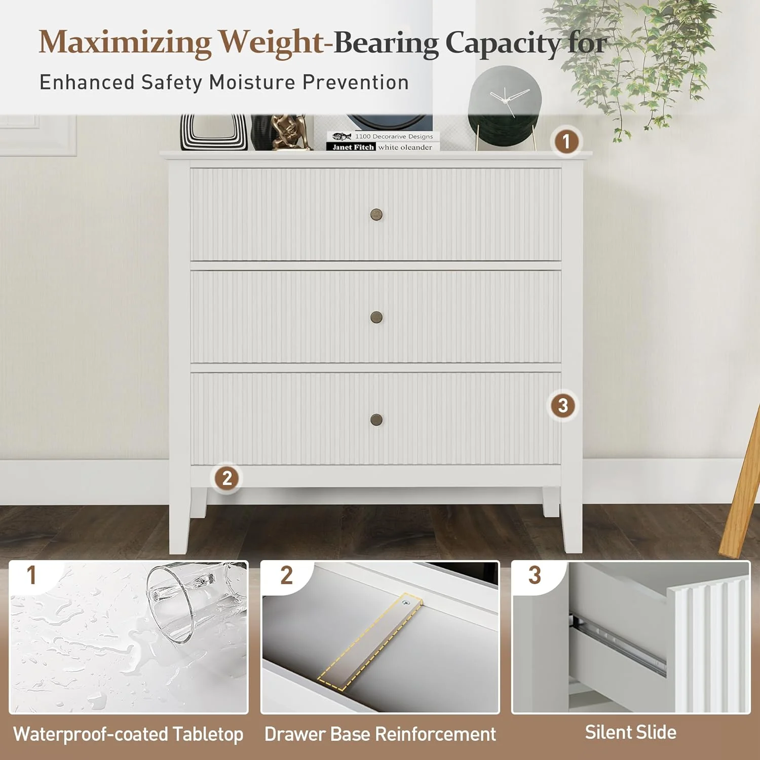 May Color Large White 3 Drawer Dresser Set of 2 with Fluted Panel, Modern Chest of Drawers with Silent Slide Drawers, Wood Accent Nightstand with Storage for Bedroom Living Room, Hallway - Image 8