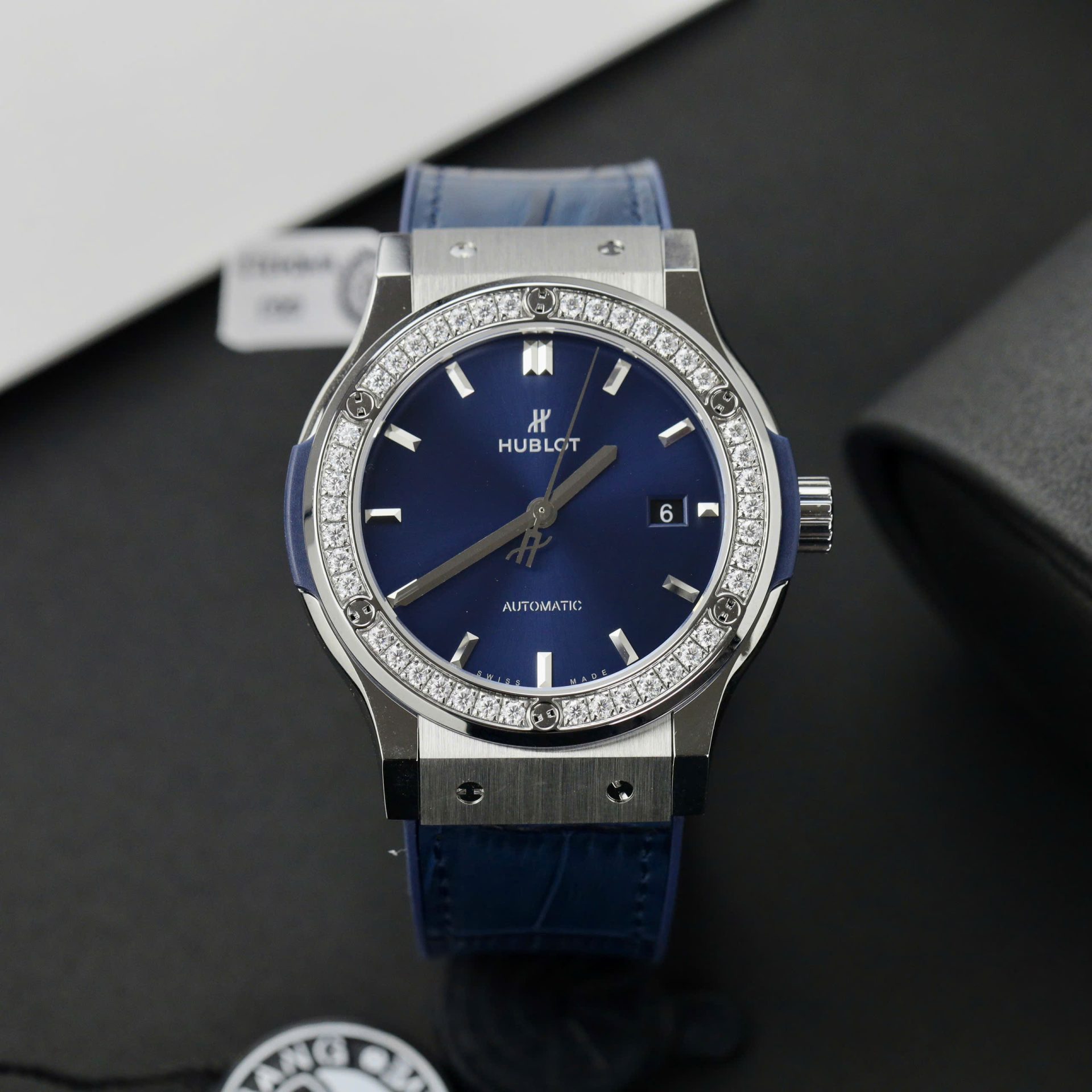 Hublot Classic Fusion Titanium Replica Watches Blue Dial Custom Moissanite Diamonds 42mm - Elite Watch Atelier