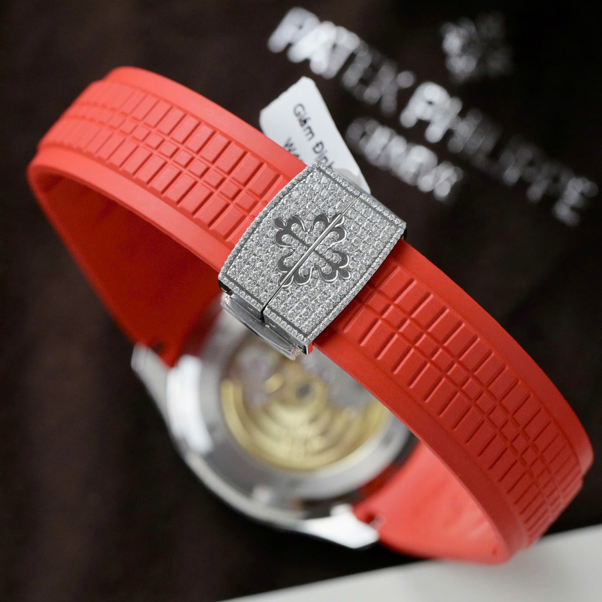 Patek Philippe Aquanaut 5167 Rep 11 Watch Custom Moissanite Diamonds Red Rubber Strap 40mm - Top club