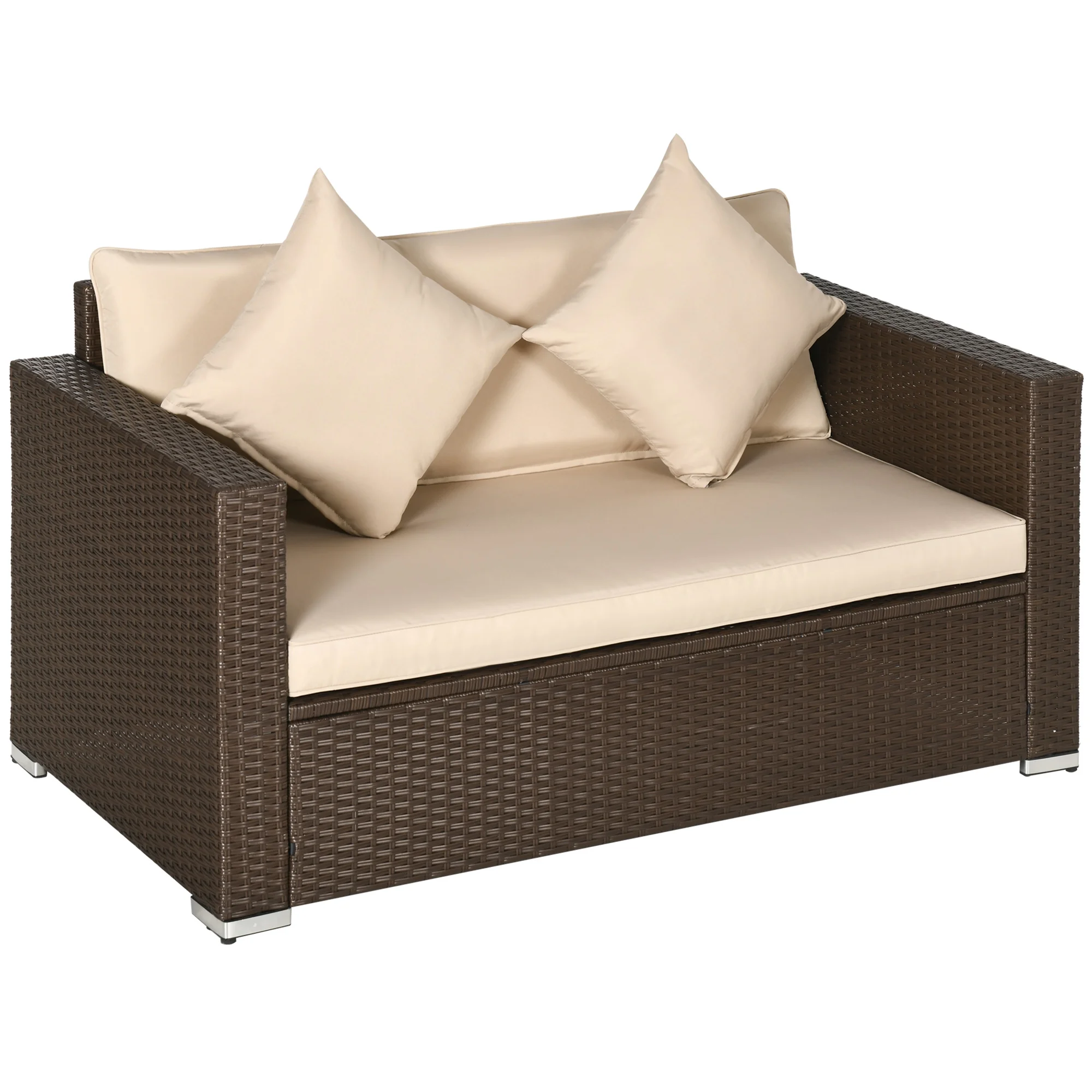 Outsunny Outdoor Wicker Loveseat, Patio Furniture Couch with Cushions, 2 Seats PE Rattan Sofa, 2 Throw Pillows for Porch, Backyard, Pool, Beige
