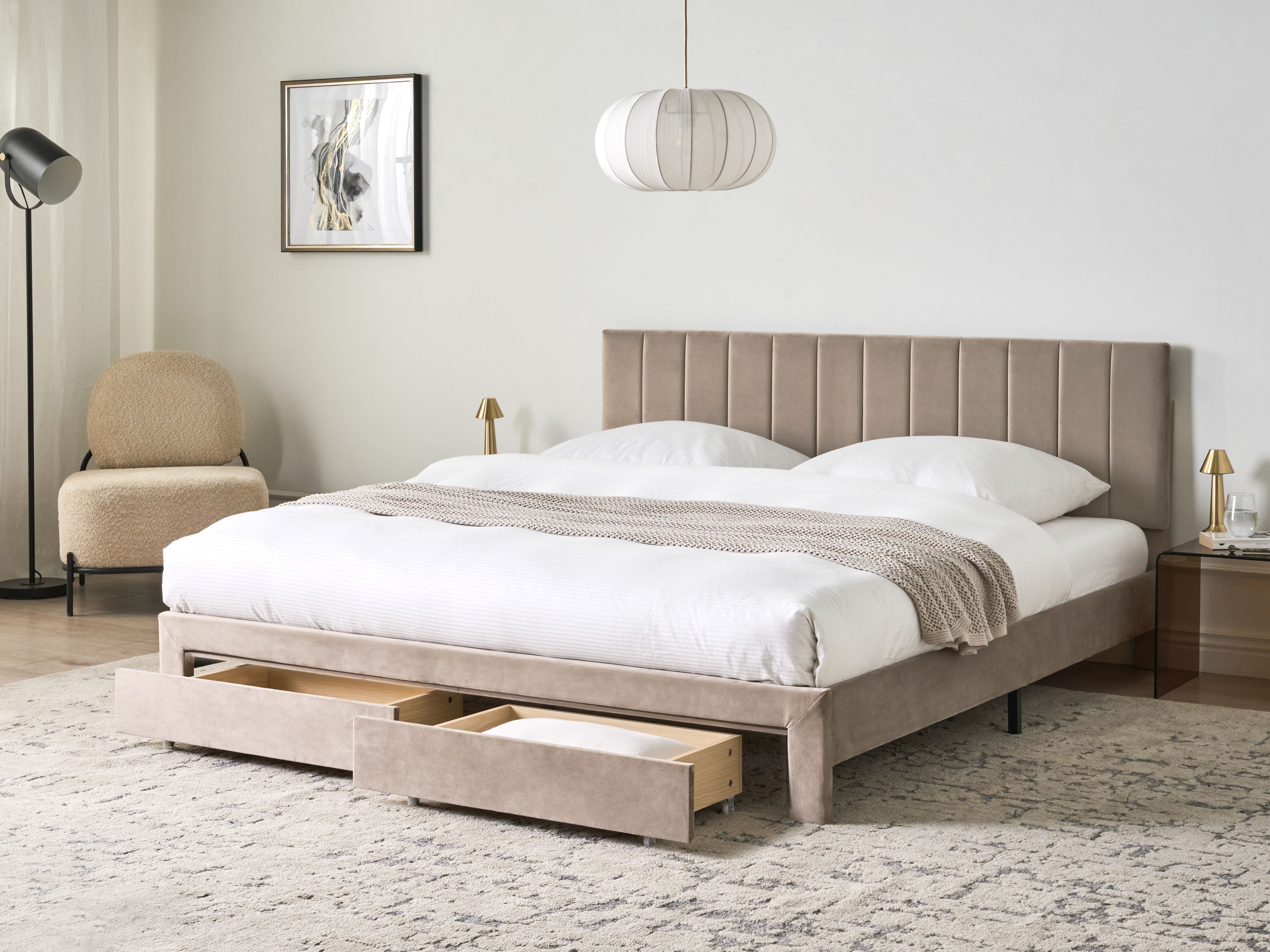Bed with Storage Drawers Velvet LONZAC 180 x 200 cm (EU Super King) Taupe