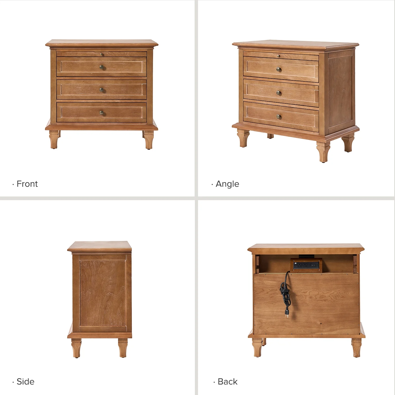 Farmhouse 3 Drawers Nightstand with Tray Bedside Table with Charging Station Acorn - Image 10