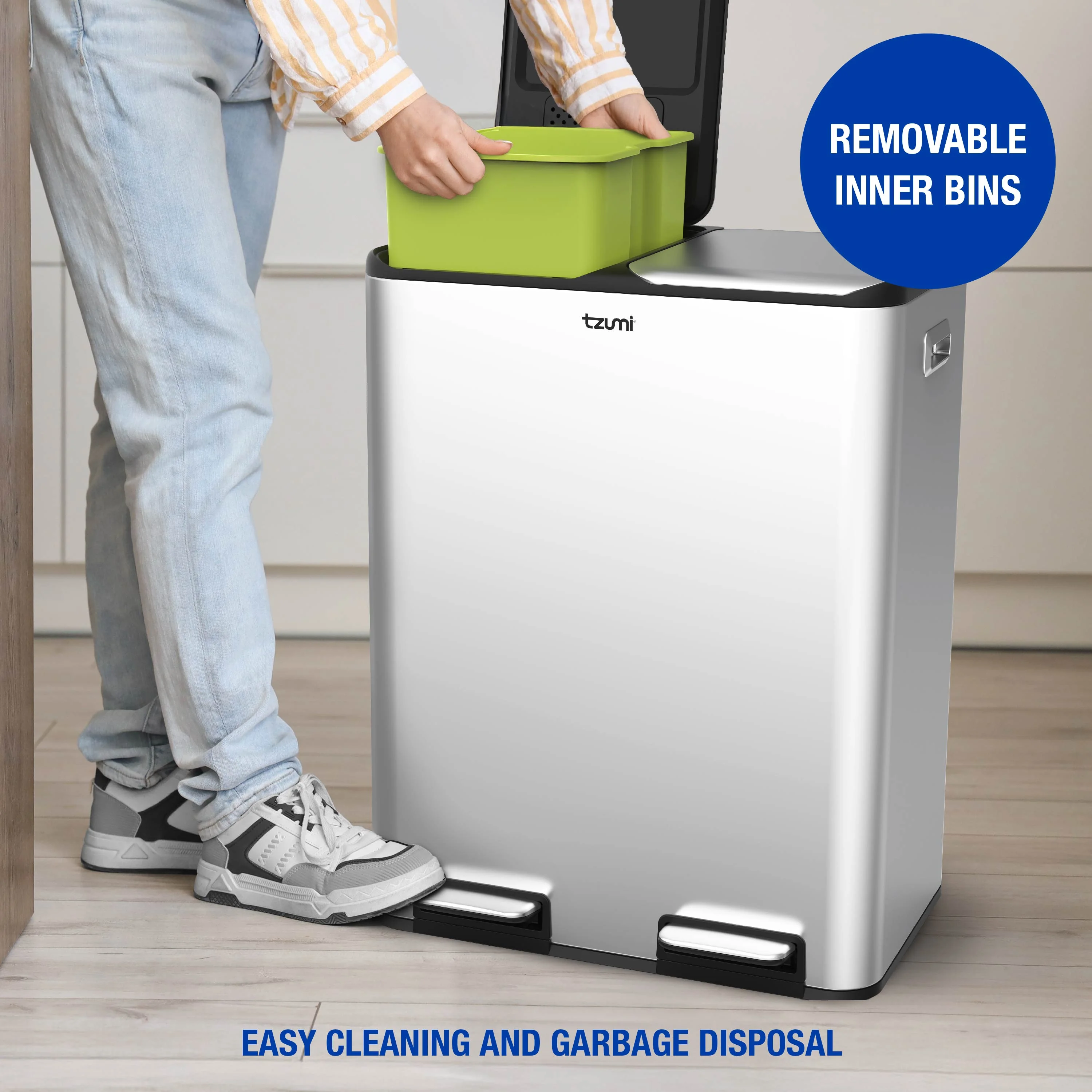 Tzumi Dual-Compartment Recycling Bin Stainless Steel Trash Can for Kitchen, 16 Gallon Total - Image 9