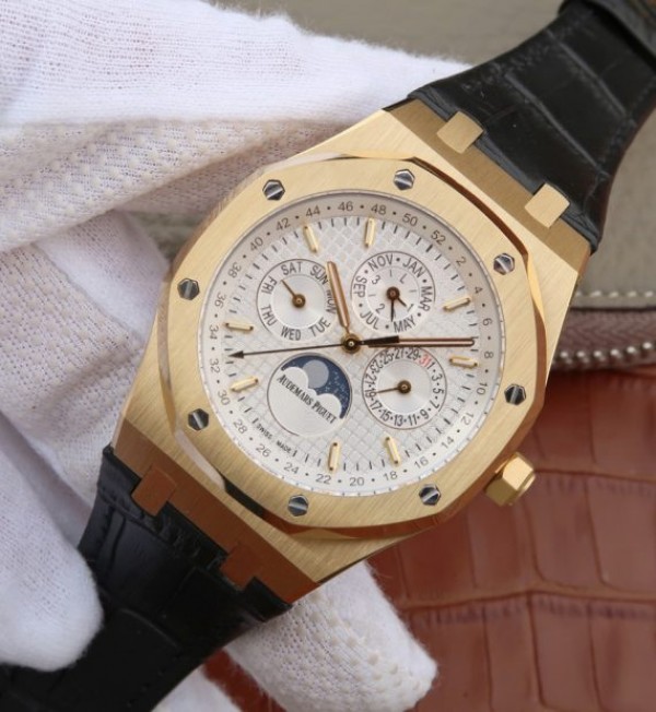 Replica Audemars Piguet JF Royal Oak 41mm 26574 YG White Dial Leather Strap A5134 - Elite Watch Atelier