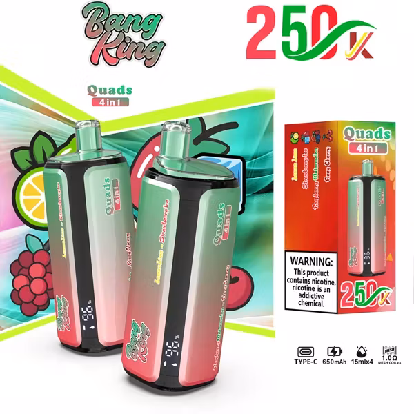 VAPSOLO BANG KING 250 000 puffów Quads 4in1 – plakat z czterema butelkami; 15 ml × 4, 650 mAh, Type-C