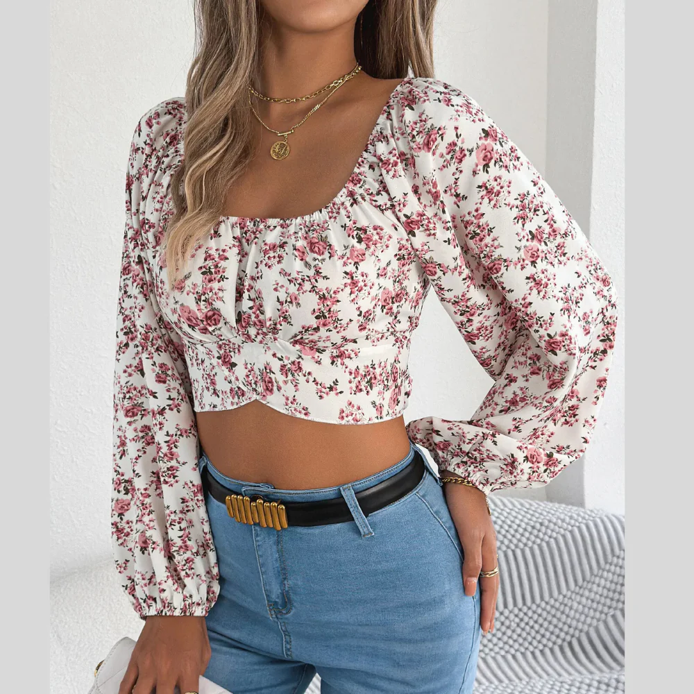 Floral Balloon Sleeve Square Neck Crop Blouse - ZKZOOK