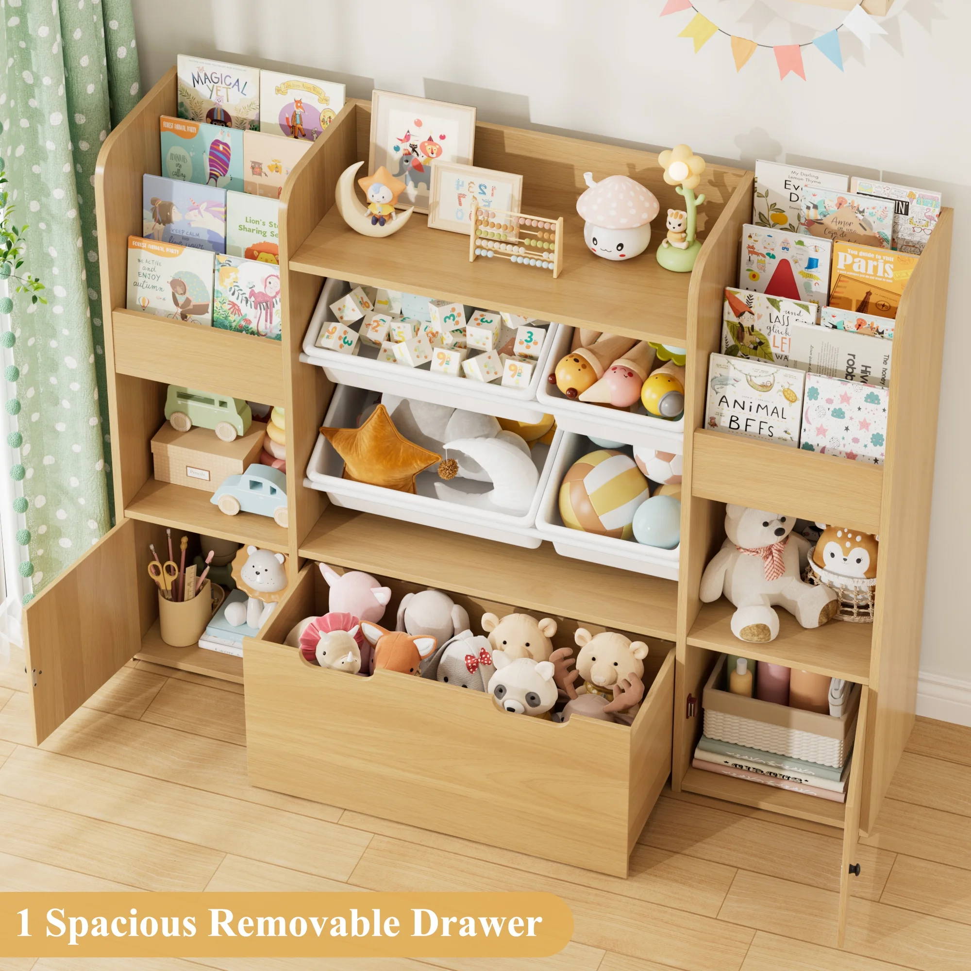 Hiphuta Kids Bookcase Toy Storage Organizer, Wooden Toy Organizer of 4 Bins& 2 Removable Drawers for Home Bedroom, Kids Bookshelf Toy Box with Book Rack, White - Image 15