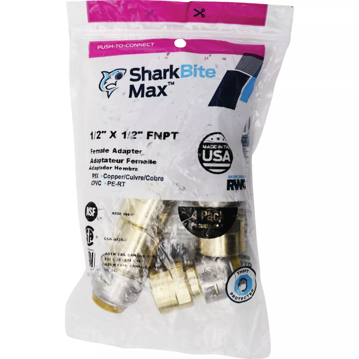 SharkBite 1/2 In. x 1/2 In. FNPT Straight Brass Push-to-Connect Female Adapter (4-Pack)