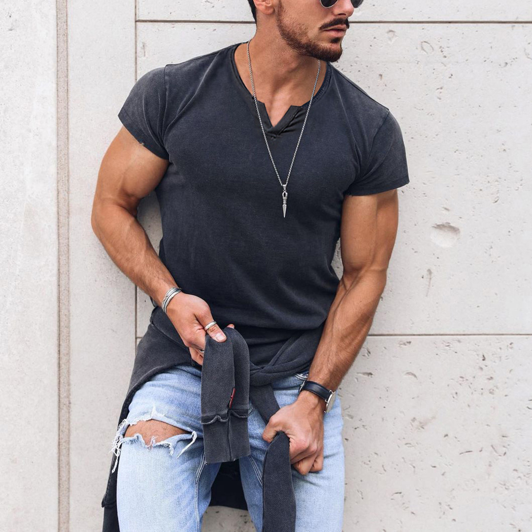 Men's V-neck Solid Color Breathable T-Shirt Casual Retro Outdoor Motorcycle Top
