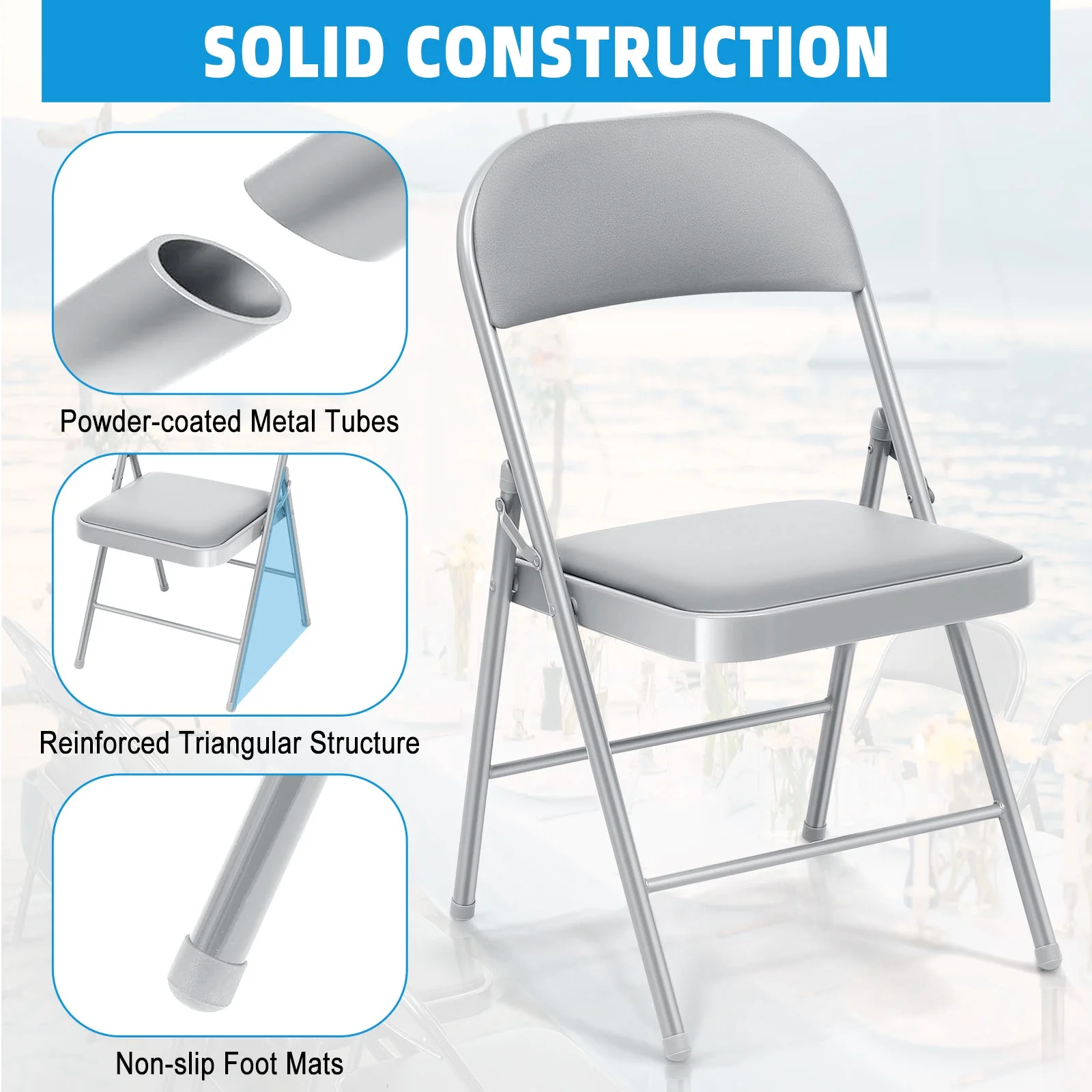SUGIFT 4 Pack Vinyl Padded Folding Chair Portable Dining Chairs for Indoor and Outdoor - Image 4