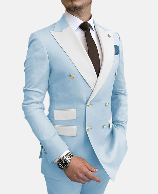 Elegant Plain Collar Stitching Contrast Color Slim Fit Double Breasted Blazer & Pants 2Pcs Suit