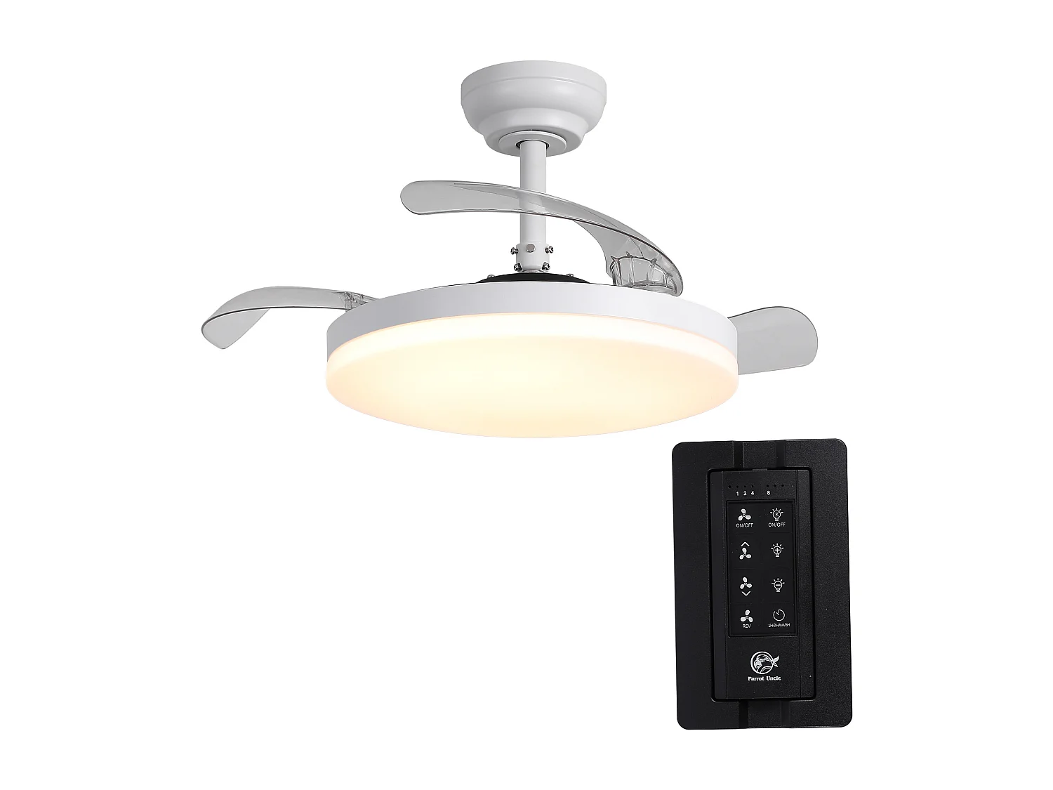 Parrot Uncle Ventilateur de plafond invisible 107 cm avec éclairage LED, 6 vitesses, minuterie & fonction mémoire, télécommande, blanc mat