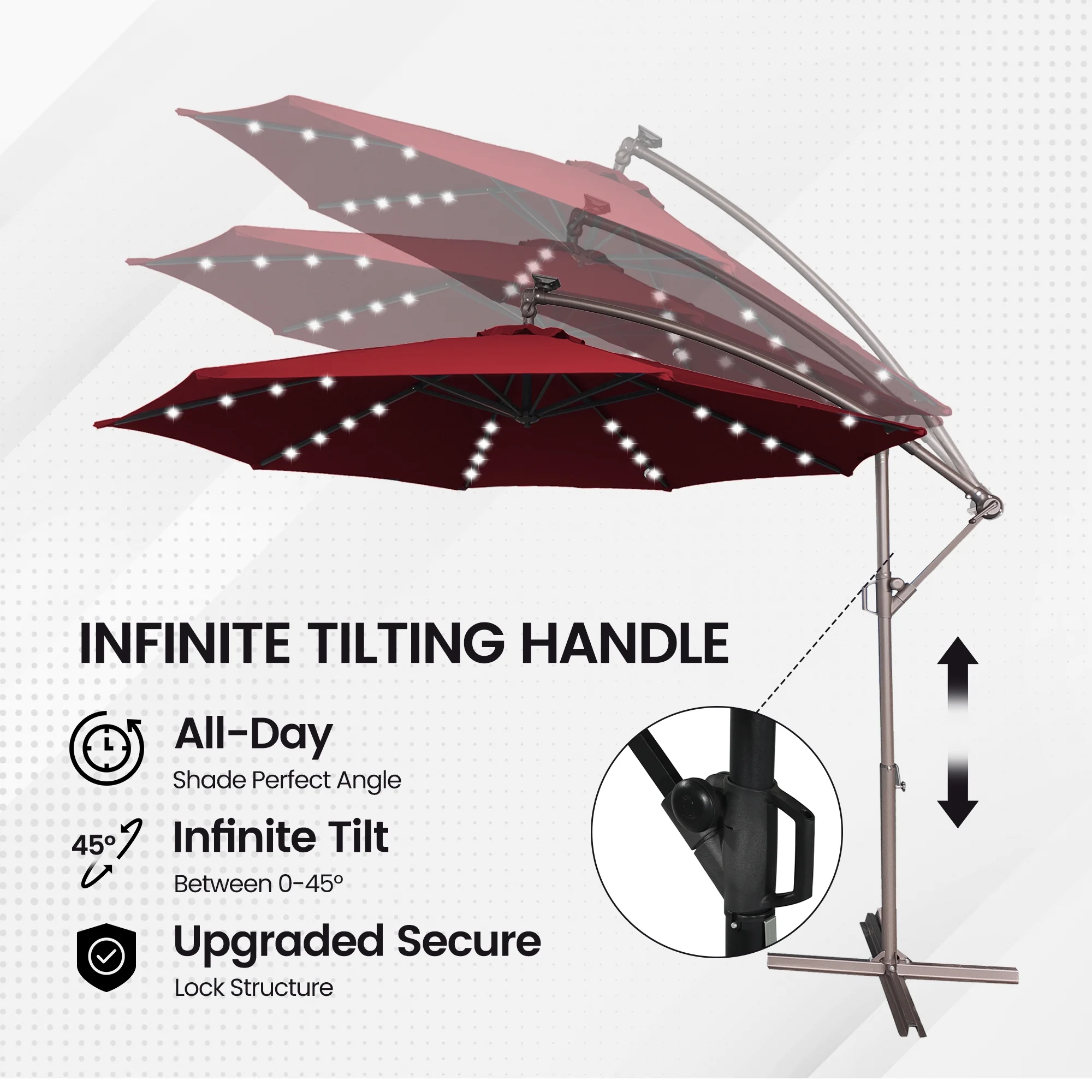 Mondawe 10ft Solar Lights Offset Cantilever Patio Umbrella - with Light, LED Lighted Offset Hanging Patio Outdoor Market Umbrella UPF50+ UV Protection with Crank,Navy Blue - Image 13