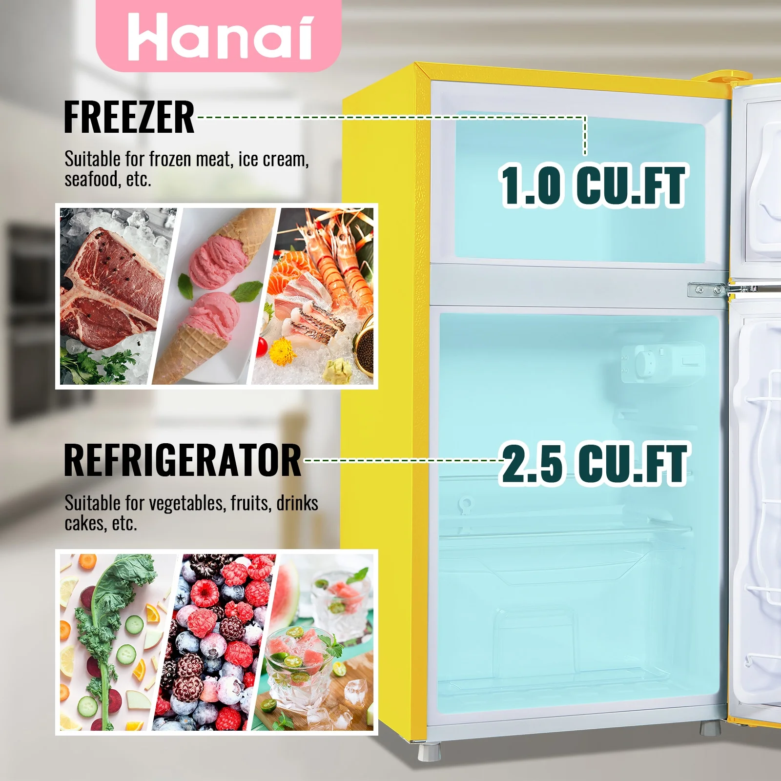 3.5 Cu.ft Compact Refrigerator WANAI Dual Doors Handles Mini Fridge with Top Freezer Blue New - Image 10