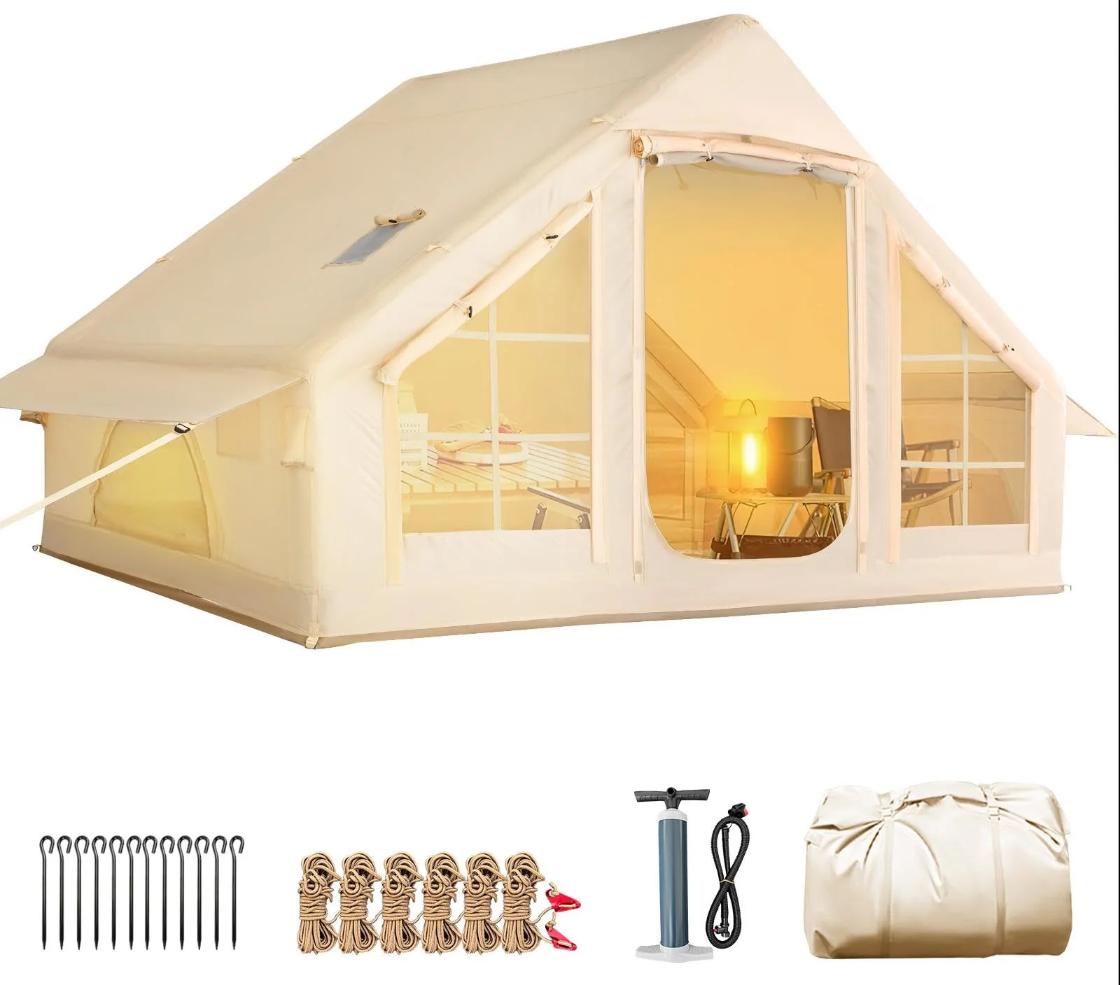 Yoleny 12'x8' Inflatable Tent, 96 SFT Blow Up Tent for Camping, 4 Season Oxford Glamping Tents with Clear Skylight, Pump & Stove Jack - Image 15