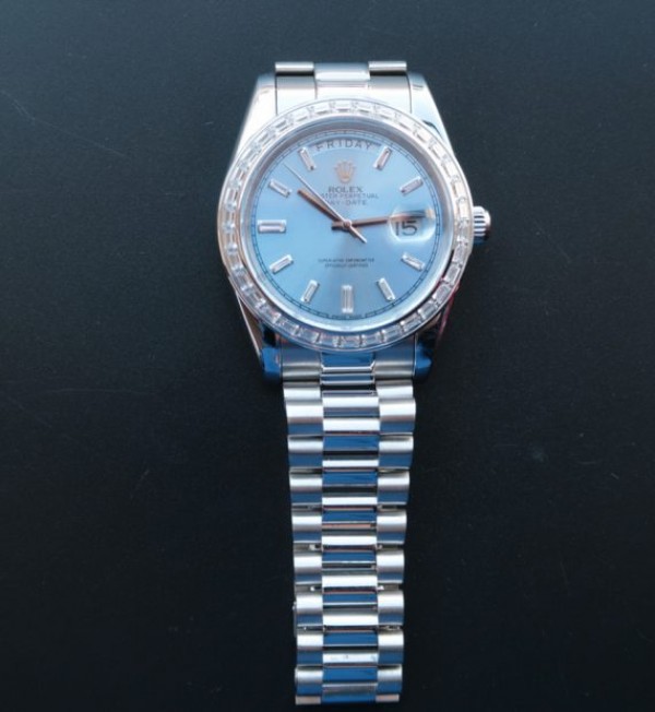 Replica Rolex Day-Date SS Diamonds Bezel Ice Blue Dial Crystal Markers SS Bracelet A3255 - Elite Watch Atelier