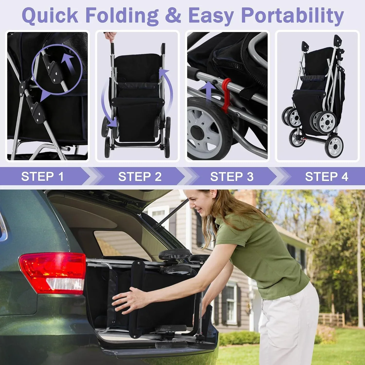 Folding Pet Stroller With 4 Wheels, Cup Holder And Storage Basket, Black