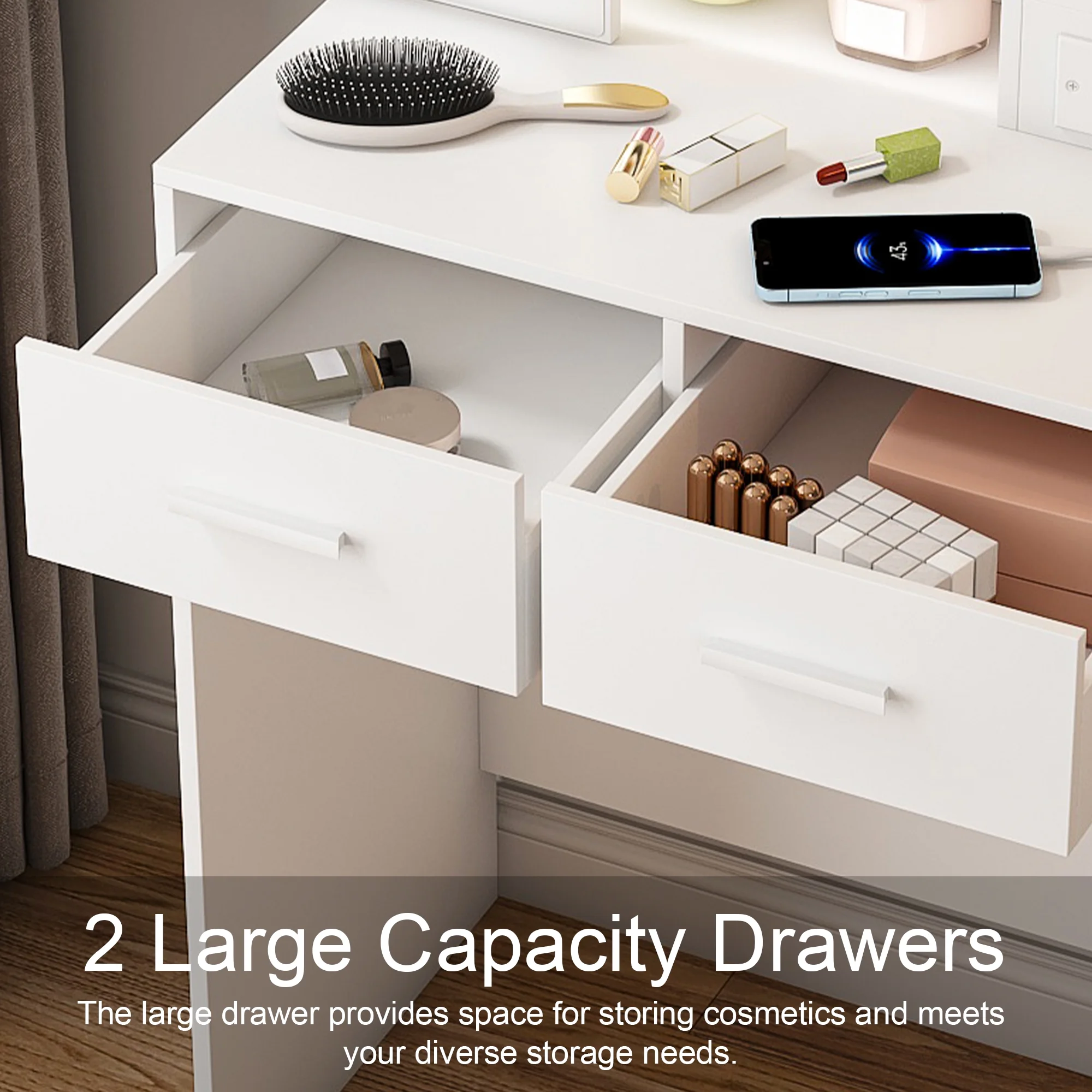 Montary Modern Mini Vanity w/Adjustable LED Mirror + Hidden Storage, Padded Stool & Dustproof Shelves (White) - Image 123