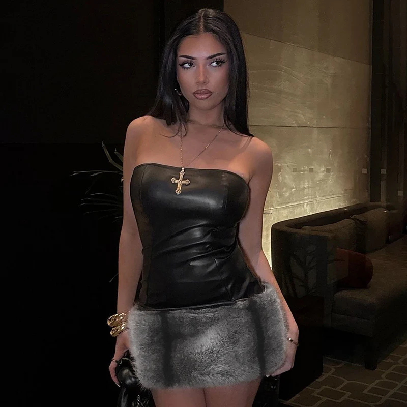 Women Clothing Autumn Winter Collarless Leather Tube Top Plush Stitching Hip Short Dress - AZJHJ