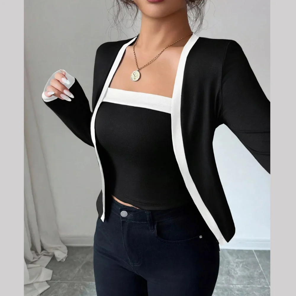 Contrast Trim Cardigan & Tank Top Set - ZKZOOK