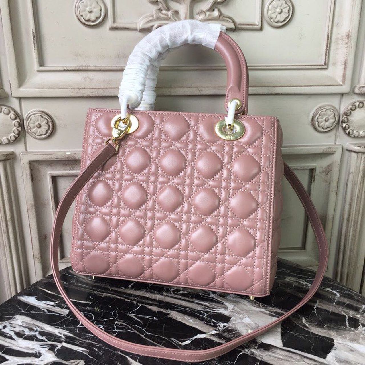 Christian Dior Medium Lady Dior Bag Gold Toned Hardware Dusty Pink For Women 24cm/9in CD1:1High-quality replica