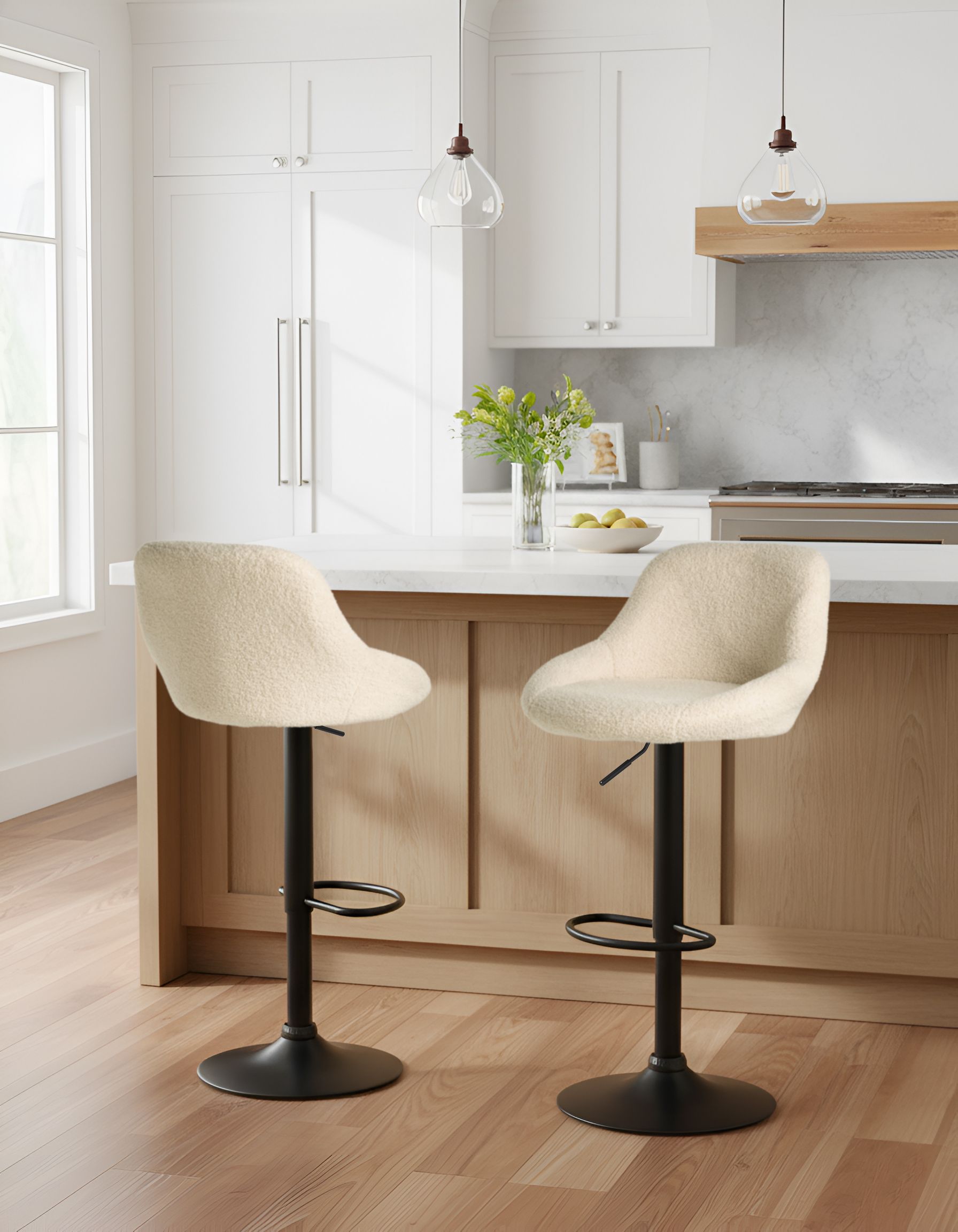 Set of 2 Bar Stools MEDULIN Boucle Swivel Light Beige