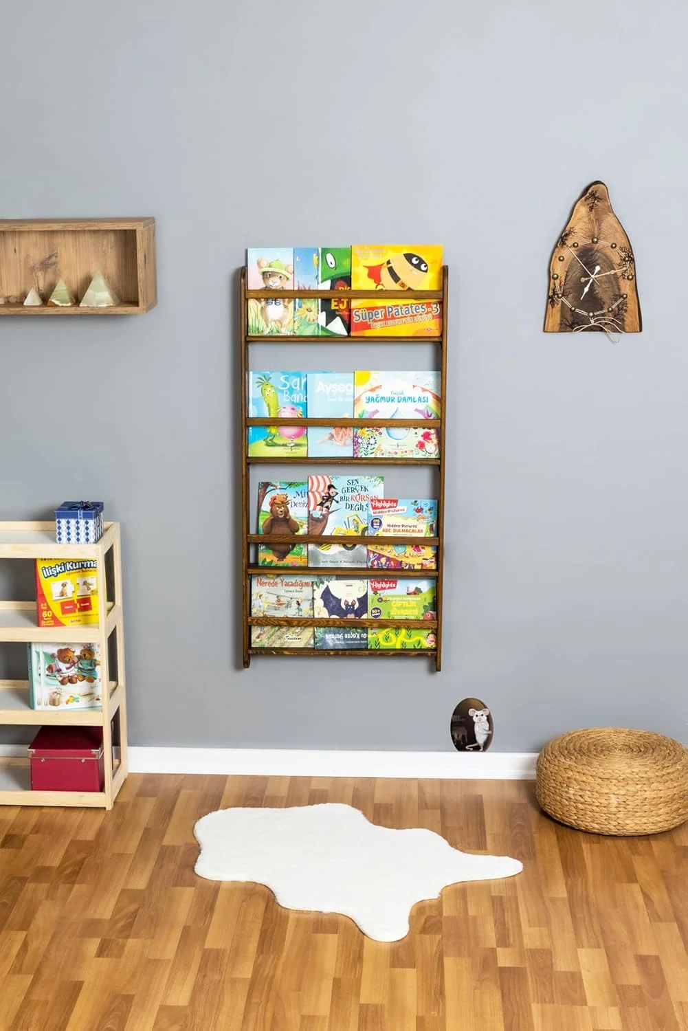 Handmade Solidwood Wall Mounted Montessori Kids Bookshelf, 4 Tier Book Display for Children Bedroom, Nursery Furniture Bookcase, Wood Pine Tree Book Organiser for Living Room (Walnut)