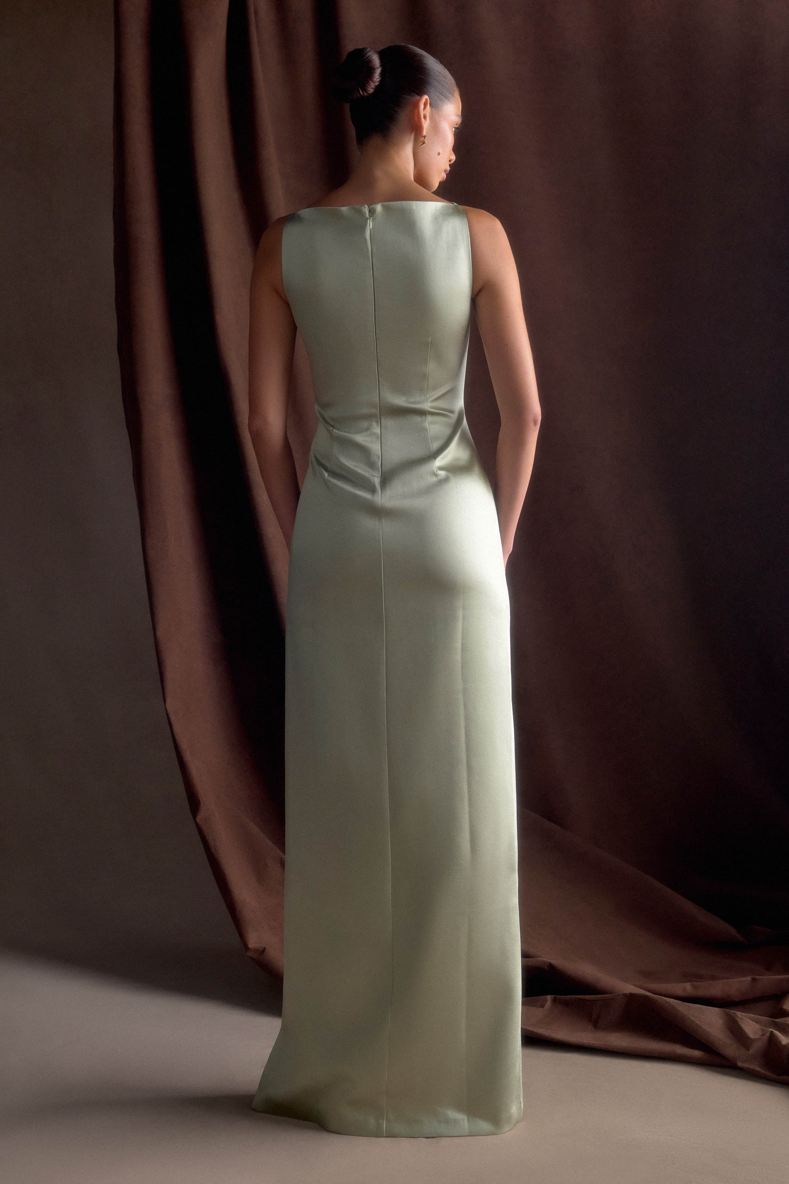 Violet Sleeveless Satin Maxi Dress - Sage