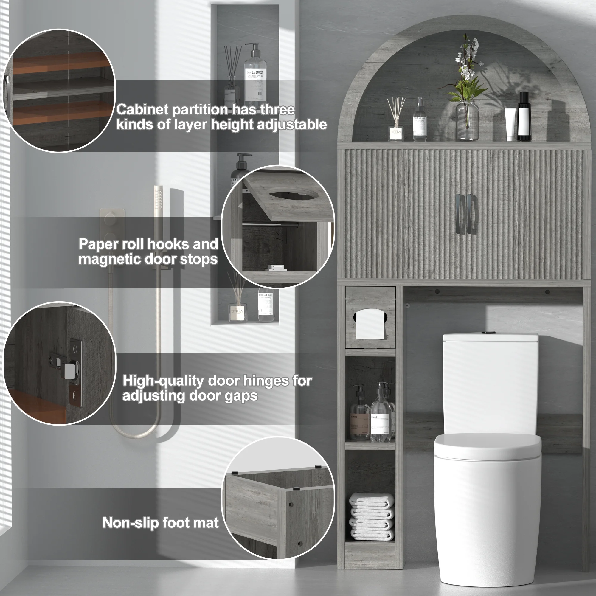 HARIPUL Over The Toilet Storage Cabinet w/ Unique Wood Grain & Arc Design, Freestanding Bathroom Shelf Organizer Space Saver w/ Doors & Anti-Tip Device, Wood Color - Image 40