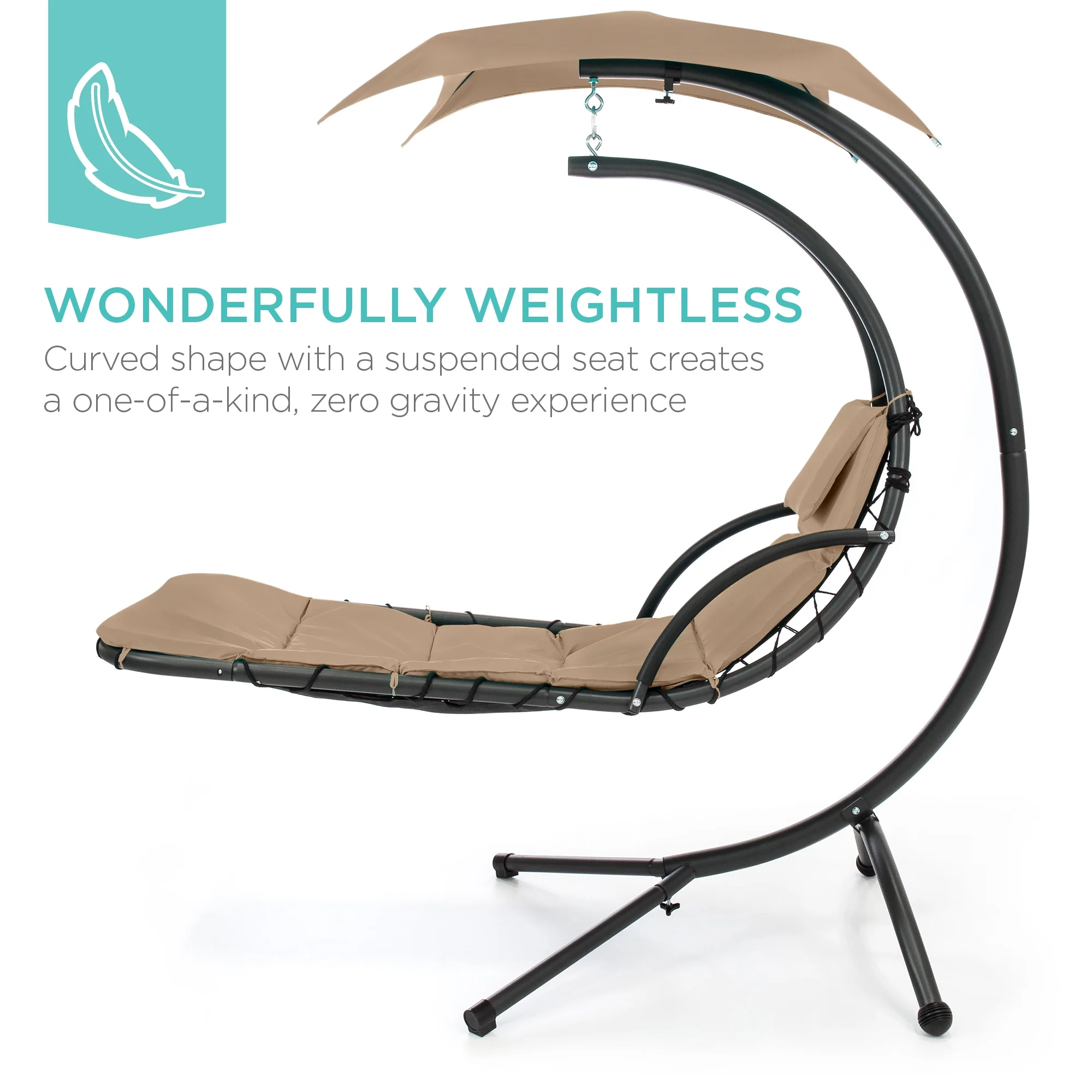 Best Choice Products Hanging Curved Chaise Lounge Chair Swing for Backyard, Patio w/ Pillow, Shade, Stand - Teal - Image 19