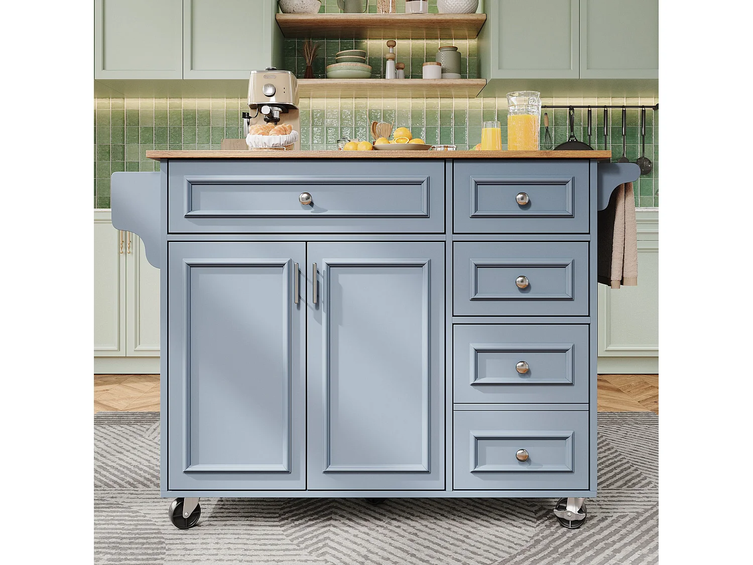 Îlot central bleu avec roulettes et 4 tiroirs de rangement, plateau en bois MDF