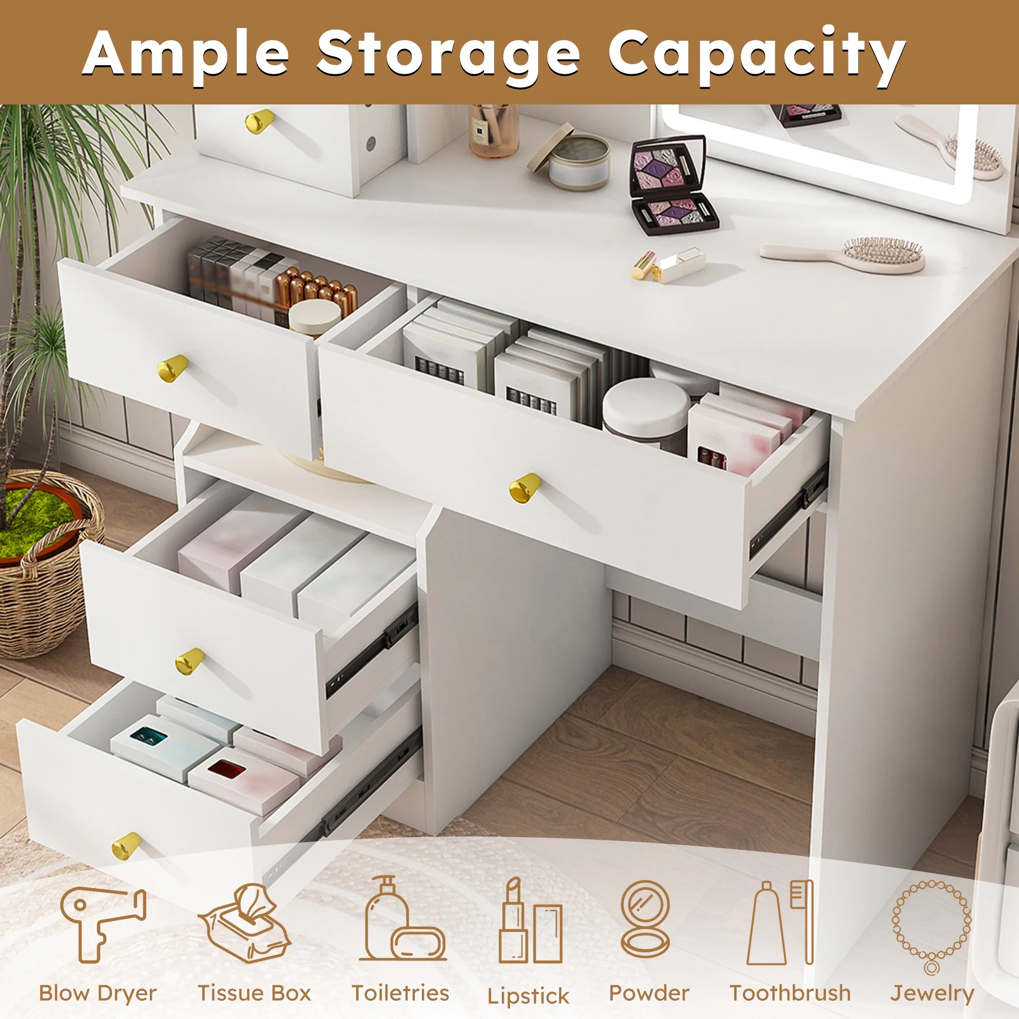 Montary Modern Mini Vanity w/Adjustable LED Mirror + Hidden Storage, Padded Stool & Dustproof Shelves (White) - Image 40