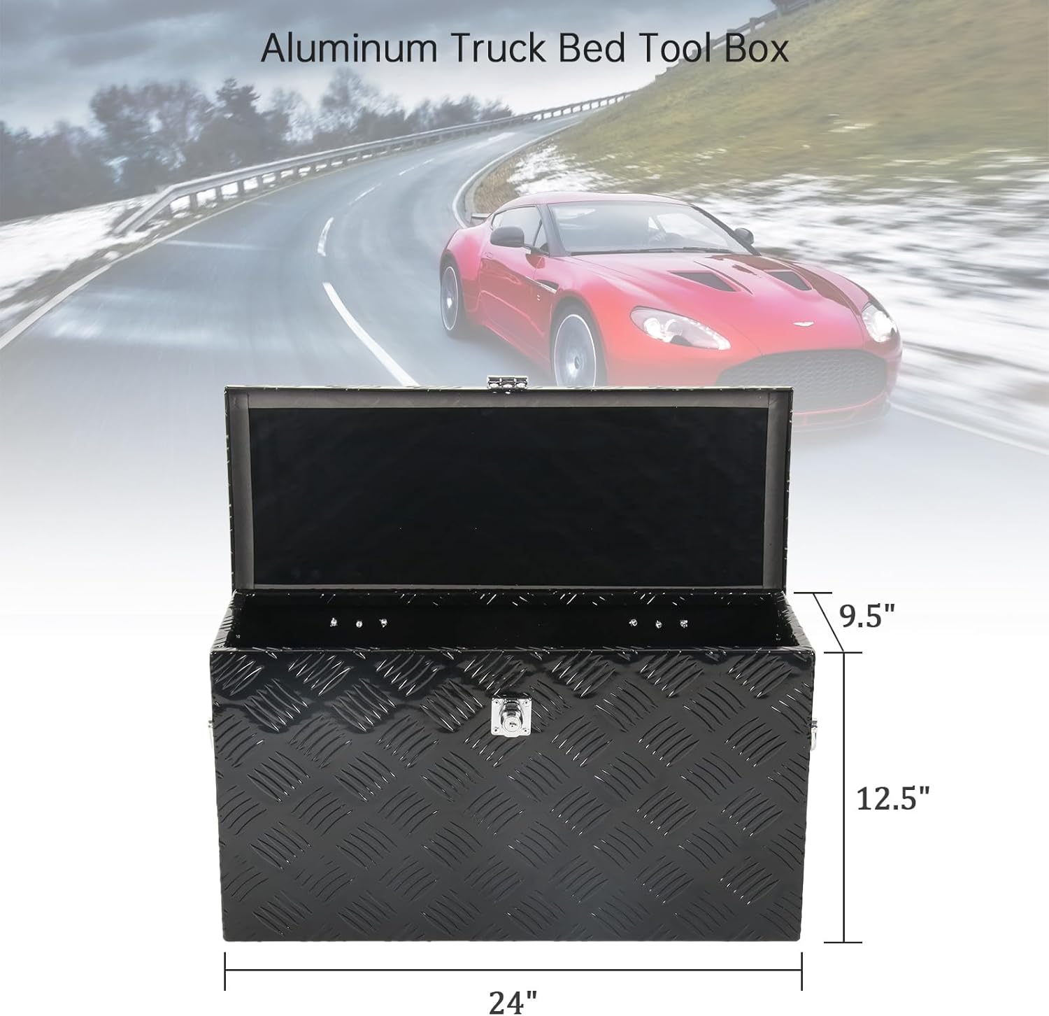 24'' Inch Stripes Plated ATV UTV Aluminum Tool Box Truck Bed Toolbox Waterproof Square Storage Organizer with Lock and Keys Black(‎24