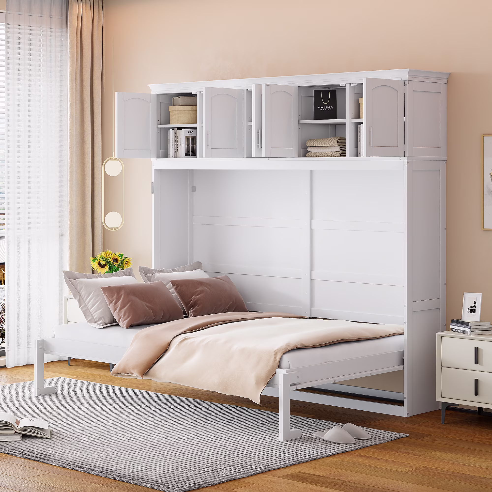 Newest Queen Size Murphy Bed Wall Bed with Top Cabinets,Gray - Image 3