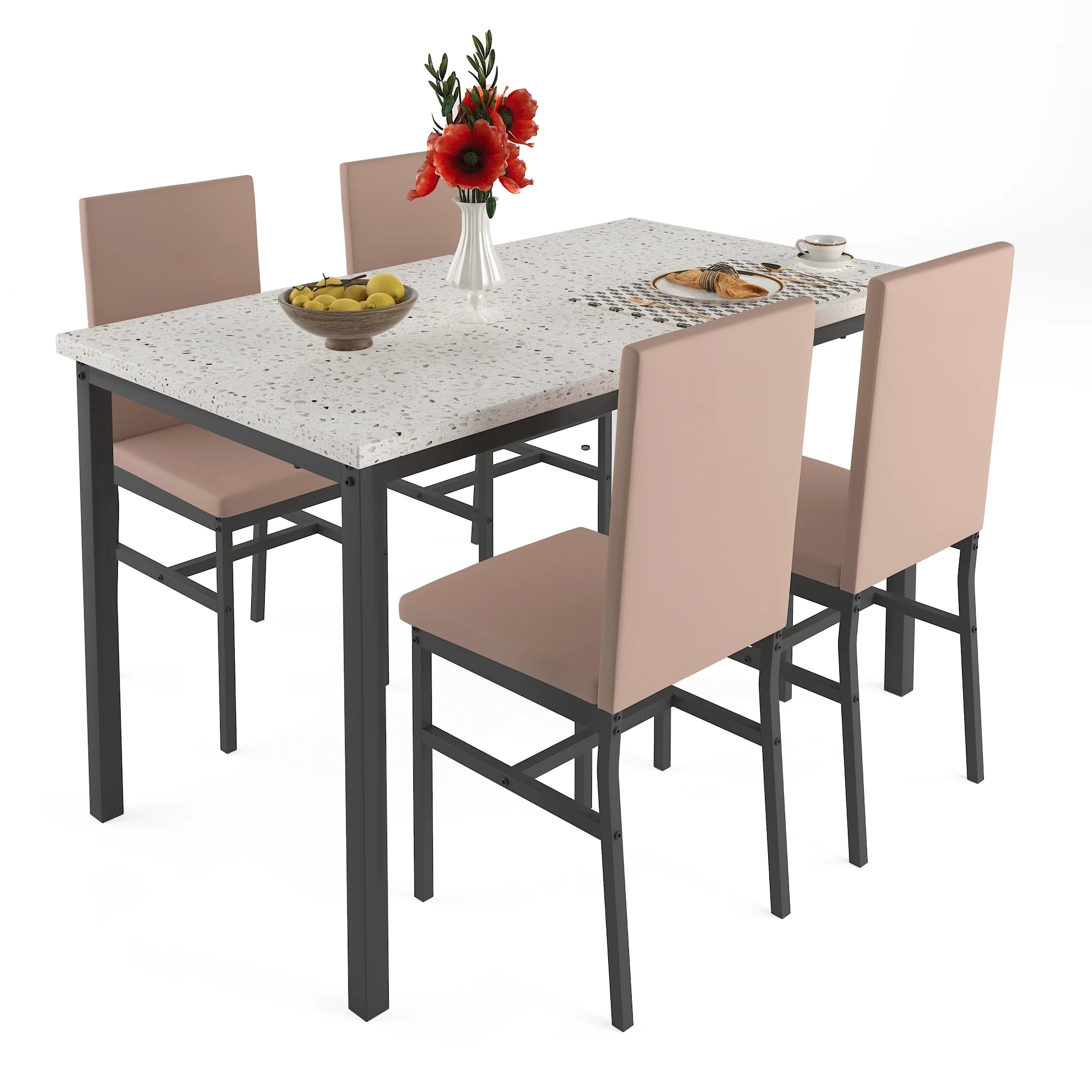5 Piece Dining Set, Modern Dining Table and Chairs Set for 4, Counter Height Bar Table Set, Modern Pub Table with 4 Velvet Fabric Cushioned Stools, Faux Marble Dining Table & Stools Set, D9297 - Image 38
