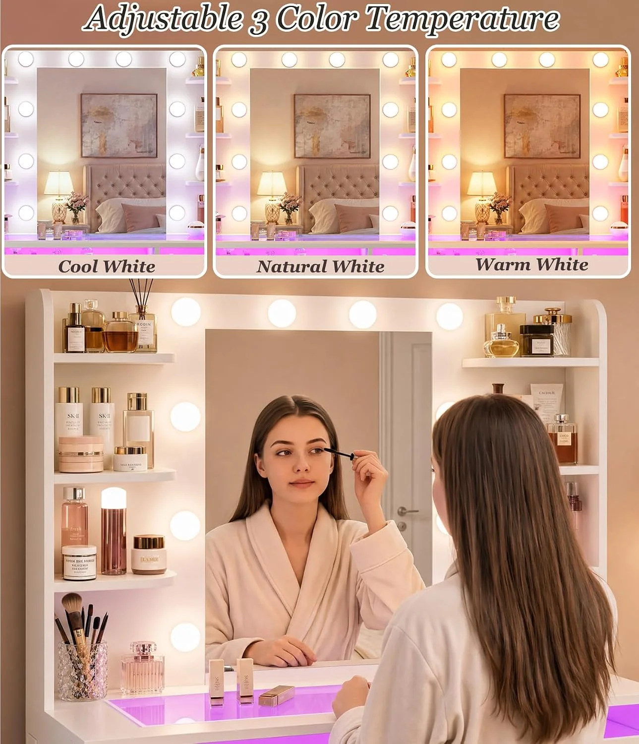 Fixwal Vanity Desk with Mirror and Lights, Makeup Vanity Table with RGB Drawers, 3-Color LED Lighting, Tempered Glass Top, 6 Shelves, Power Outlet, 35.4"W x 15.7"L x 55.1"H - Image 3 Fixwal Vanity Desk with Mirror and Lights, Makeup Vanity Table with RGB Drawers, 3-Color LED Lighting, Tempered Glass Top, 6 Shelves, Power Outlet, 35.4"W x 15.7"L x 55.1"H - Image 3