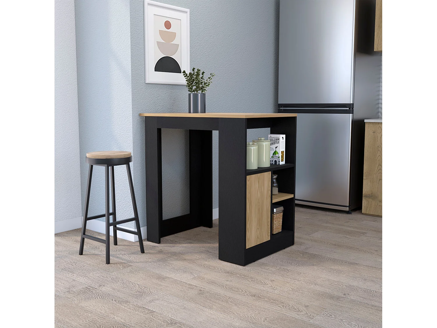 Ilot de cuisine Stirling en mélaminé avec 3 étagères et porte de rangement inférieure , Noir / Beige , 91.3 cm X 92 cm X 59 cm